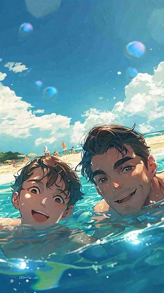 夏天游泳兄弟父子，父亲节父爱，清爽暑期夏至