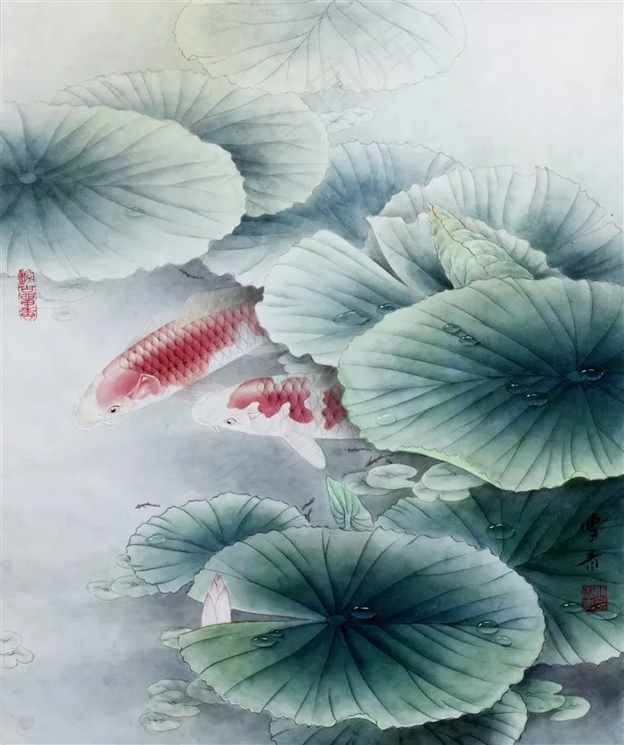 荷花游鱼国画