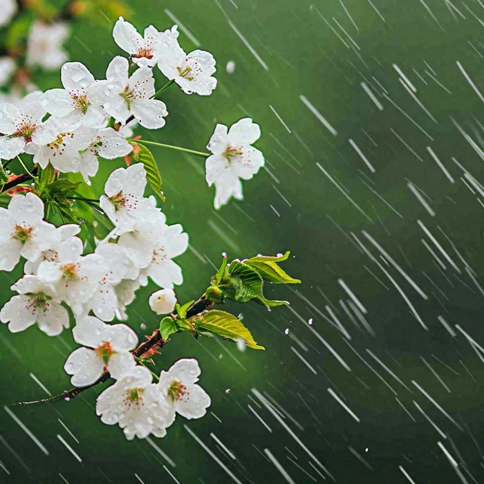 春天雨天白色花朵，雨水谷雨摄影图(1024x1024)
