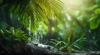 雨季雨滴敲打在叶片土地上摄影图