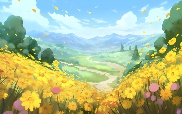 蓝天白云草坪草原人物黄色花朵手绘插画海报素材背景