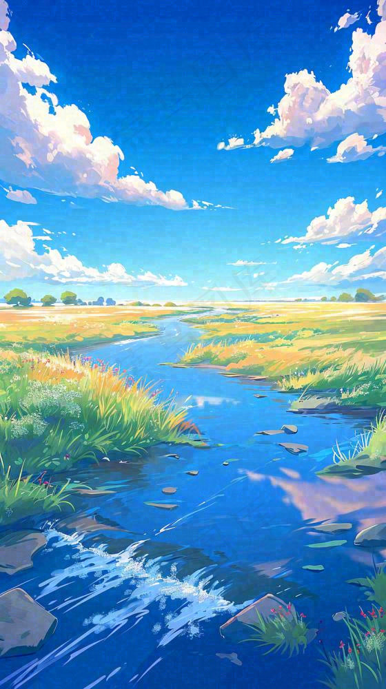 蓝天白云草地溪流春天阳光灿烂的日子春分春风，插画手绘