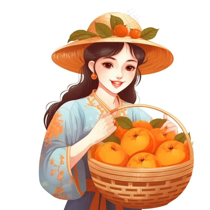 抱着一篮橘子的少女卡通插画免抠(1024x1024)