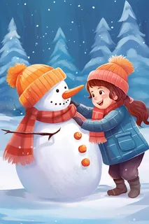 下雪天堆雪人保暖帽子围巾卡通插画素材背景