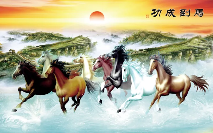 新中式山水花鸟骏马马到成功高山流水客厅卧室走廊装饰画玄关壁画psd模版下载