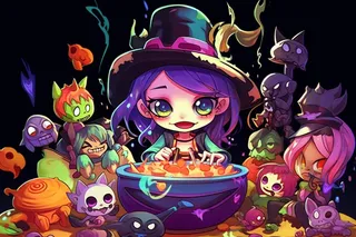 万圣节女巫鬼怪捣蛋南瓜灯恐怖紫色插画素材背景