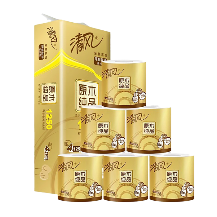 清风 卷纸原木金装卷筒纸卫生纸手纸面巾4层 125gx10／提超市商品白底图免抠实物摄影png格式图片透明底
