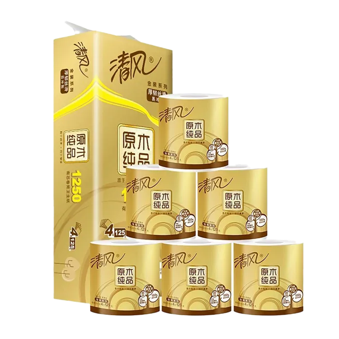 清风 卷纸原木金装卷筒纸卫生纸手纸面巾4层 125gx10／提超市商品白底图免抠实物摄影png格式图片透明底