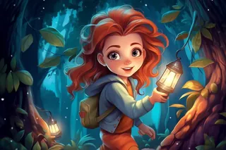 森林探险女孩灯光插画背景