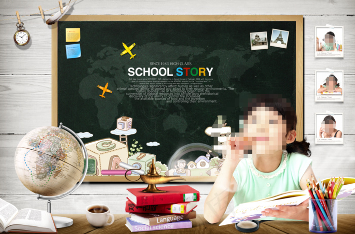 女孩 上课 学习 地球仪 黑板  书本