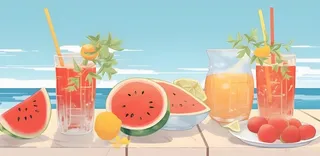 海边沙滩水果西瓜饮料背景