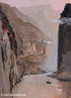 吴冠中手绘河畔山崖美景装饰画