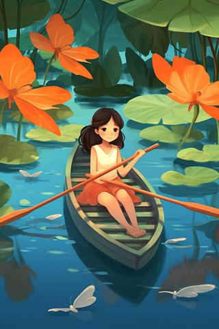 夏日女孩在荷叶睡莲湖面划船观赏卡通插画素材背景