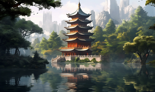 宝塔倒映在树木旁边的水中的山景