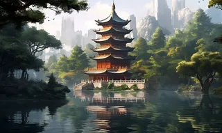 宝塔倒映在树木旁边的水中的山景