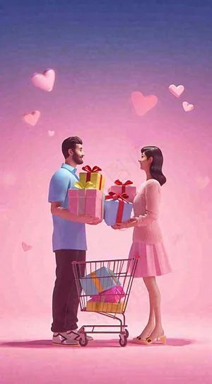 爱心购物车礼物浪漫粉色手推车，3D插画