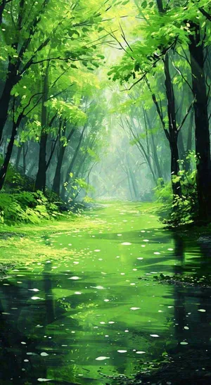 春天绿树成荫的树林里面阳光洒下小溪溪水飘着树叶