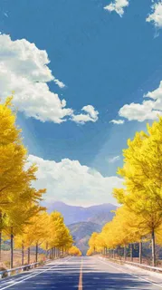 秋天蓝天白云下唯美公路旁的黄叶树木，秋分处暑摄影图