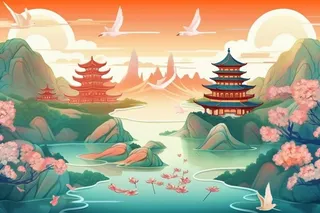 国风仙鹤黄蓝绿背景