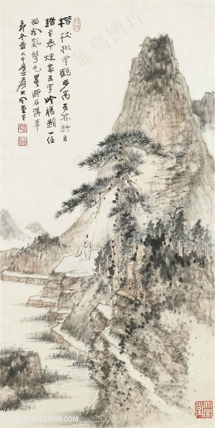 张大千手绘水墨山脉风景画