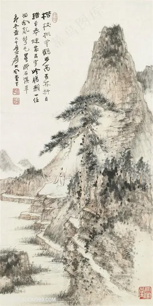 张大千手绘水墨山脉风景画