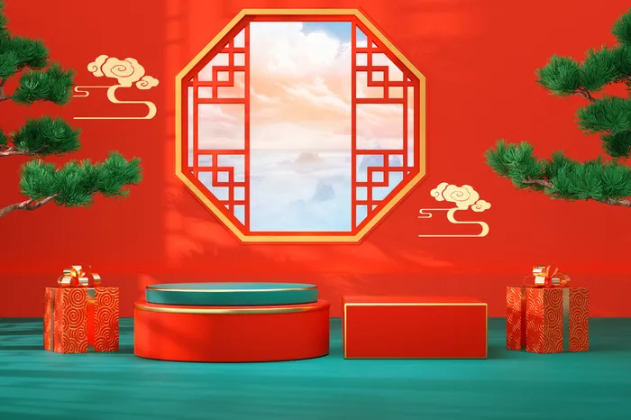 中国风古典喜庆C4D背景图3D国潮场景促销活动海报PSD设计素材模板psd模版下载
