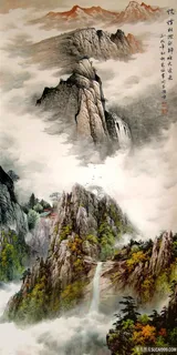 流水生财风景字画高清分辨率喷绘打印办公室挂画素材山水花草