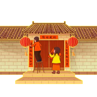 2022虎年新年场景贴春联灯笼房屋春节