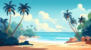 海滩上有棕榈树、岩石、沙子和水，海滩上有云，充满活力的卡通风格，极简主义背景插画背景