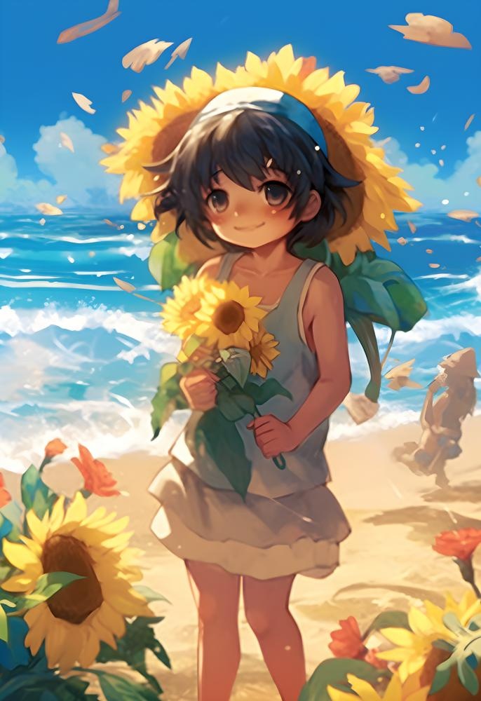 海边拿着向日葵的女孩插画背景(2472x3600)