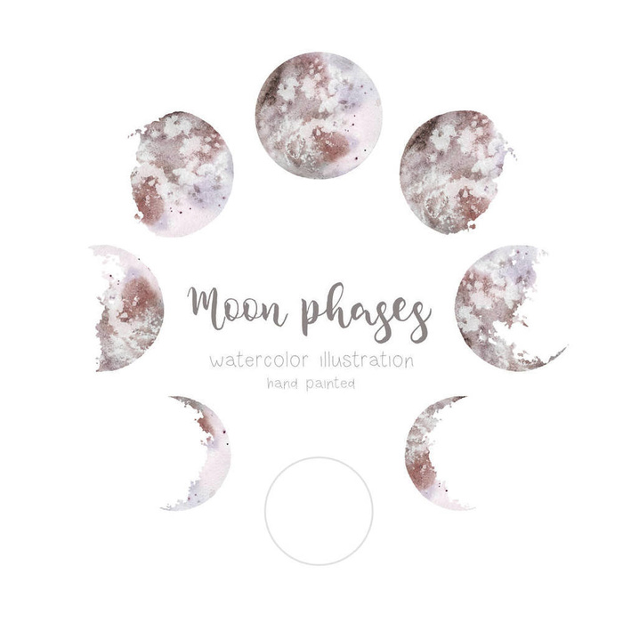 水彩例证_ 各种各样的月亮阶段被隔绝在白色背景。手绘现代空间圆形设计