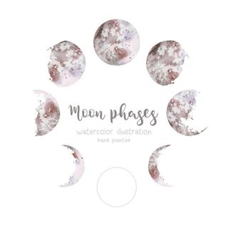 水彩例证_ 各种各样的月亮阶段被隔绝在白色背景。手绘现代空间圆形设计