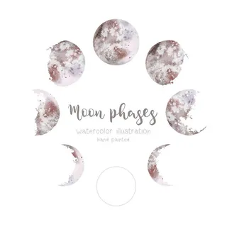 水彩例证_ 各种各样的月亮阶段被隔绝在白色背景。手绘现代空间圆形设计