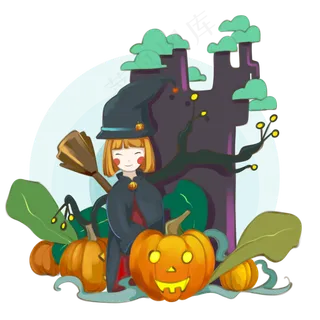 万圣节节日卡通素材小女孩南瓜城堡