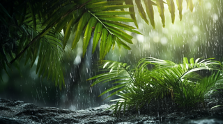 雨季雨滴敲打在叶片土地上摄影图