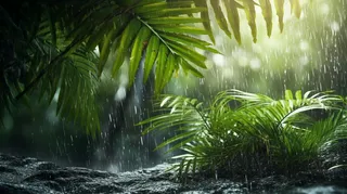 雨季雨滴敲打在叶片土地上摄影图