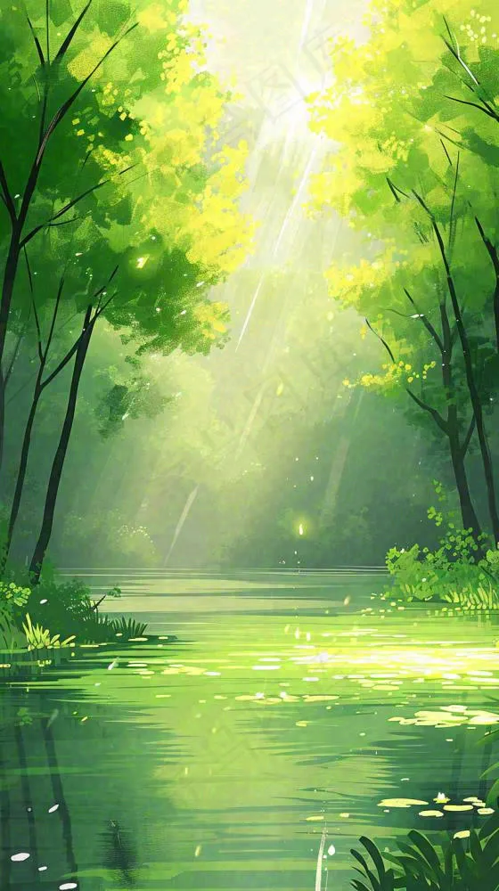 夏日森林丛林阳光绿色河面草丛树木手绘插画，夏至小暑大暑(816x1456)