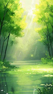 夏日森林丛林阳光绿色河面草丛树木手绘插画，夏至小暑大暑