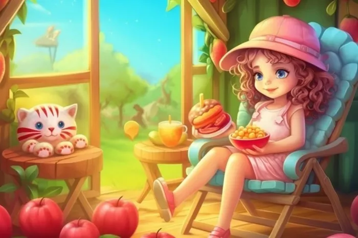 夏日清新女孩吃水果小猫背景(1344x896)
