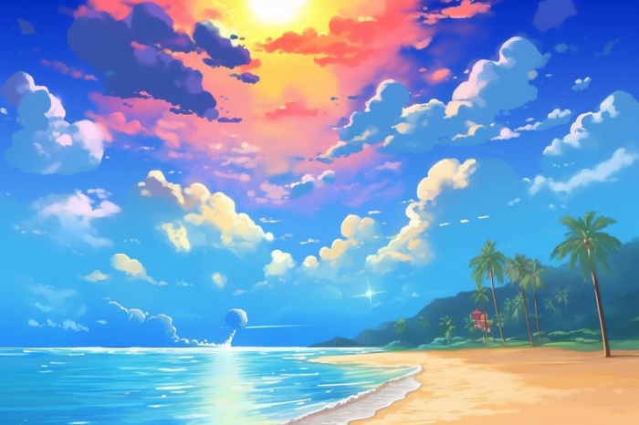夏日阳光沙滩海浪蓝色插画背景