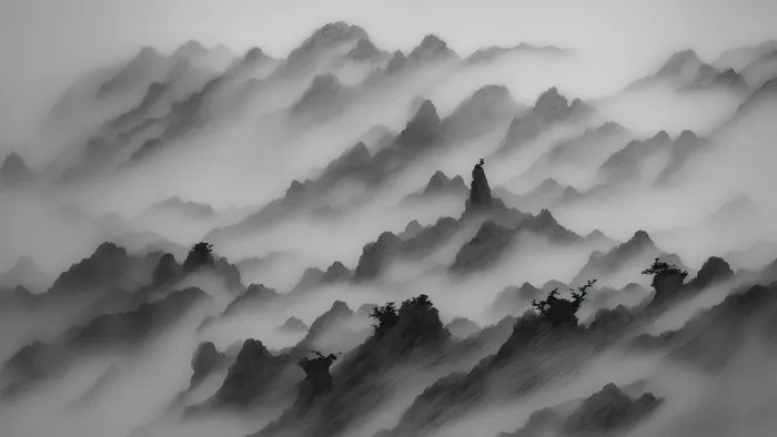 大气写意中国传统水墨画山水插画壁纸-乌