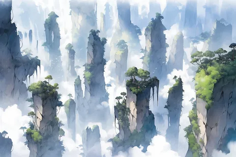 张家界风景水彩群山远景翠绿色插画 张家界风景水彩群山远景翠绿色插画