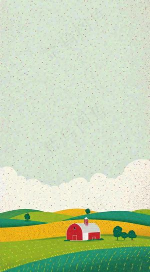 清新山脉草坪点线面扁平屋子树木手绘插画