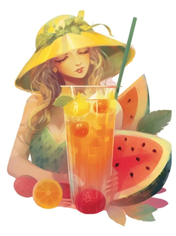 金发美女面前放着饮料免抠(944x1264)