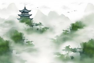 绿色山脉国风建筑云层背景
