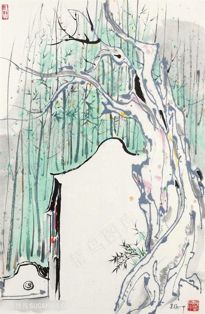 吴冠中水彩树木美景装饰画