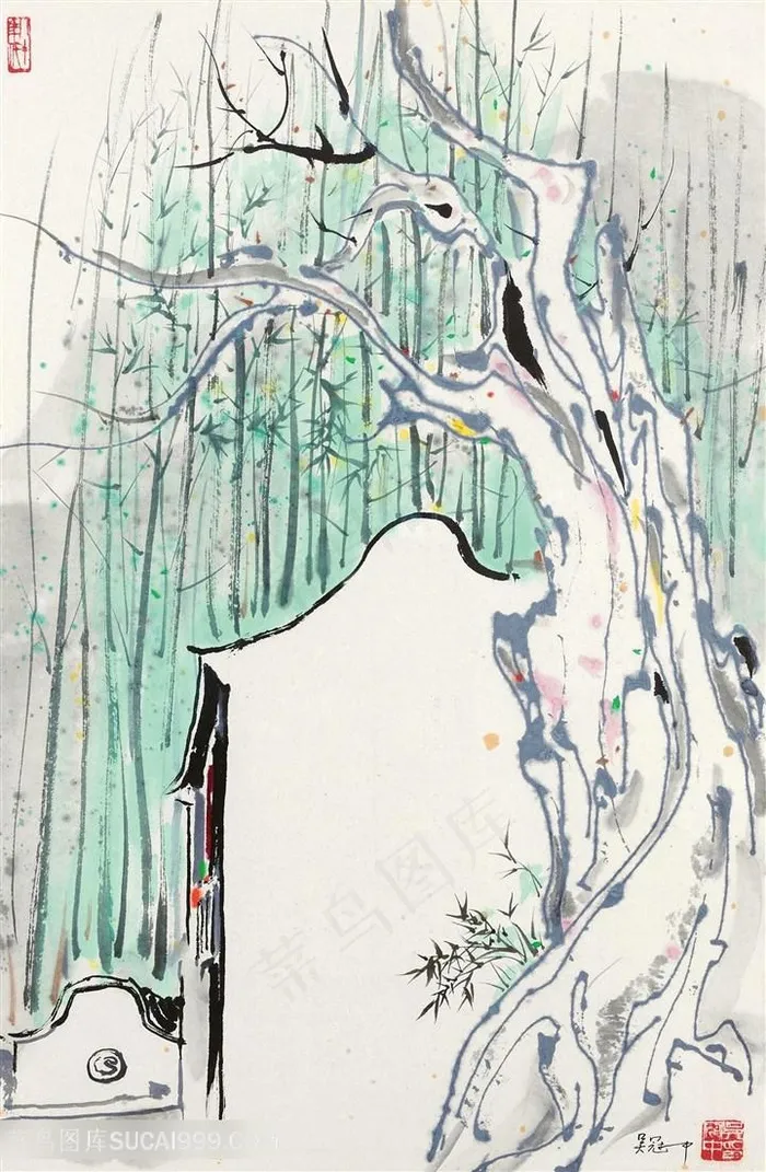 吴冠中水彩树木美景装饰画