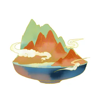 时尚微景观山水装饰庭院祥云中式国潮风插图插画元素素材设计模板