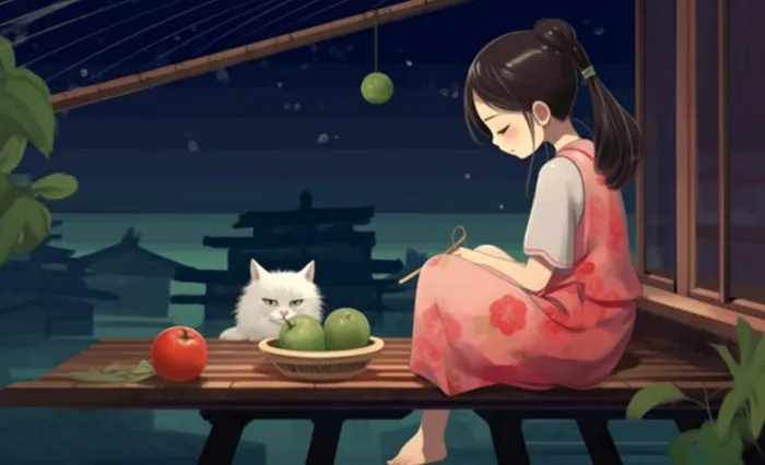 夜晚窗边乘凉水果猫插画背景(1392x848)