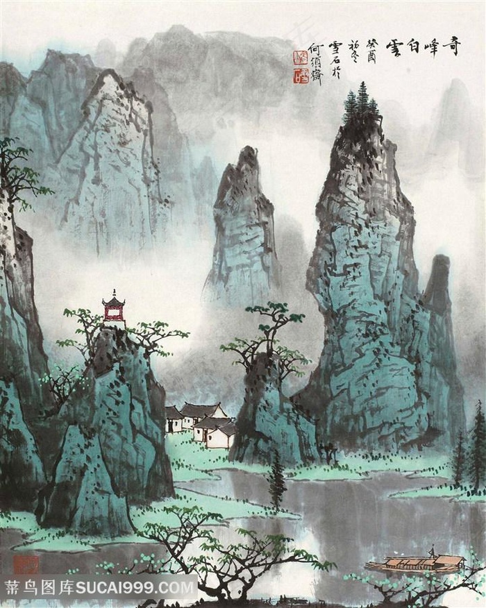 高清白雪石水墨山脉湖畔美景装饰画